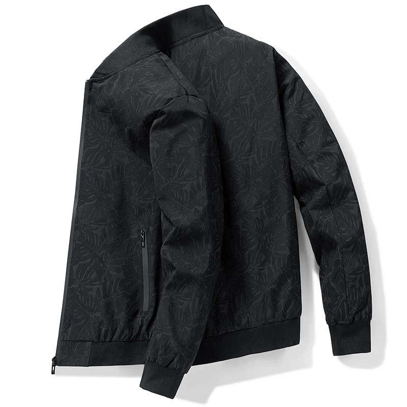 Men's Tactical Camo Jacket - Weatherproof, black camo print, zipper closure, non-hooded, durable polyester outerwear, SF1949.